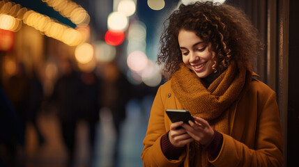 Poster - A woman uses a cell phone on a city street at night