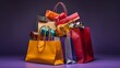a pile of colorful shopping bags and gift boxes on a purple background.
