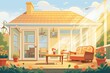 colonial house with sunroom during sunset, magazine style illustration