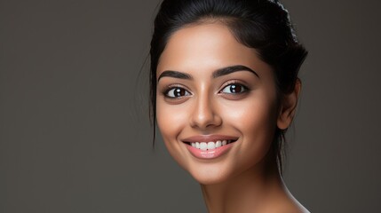 Wall Mural - Beautiful Girl Facial Skin Care. Smiling Indian Model with Perfect Eyes Make up