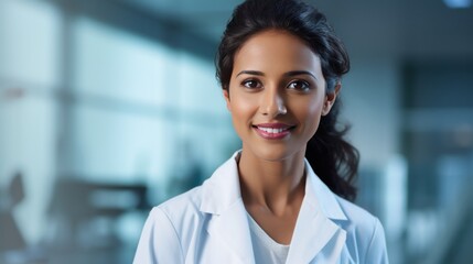 Wall Mural - young smiling Indian female scientist in white lab coat.