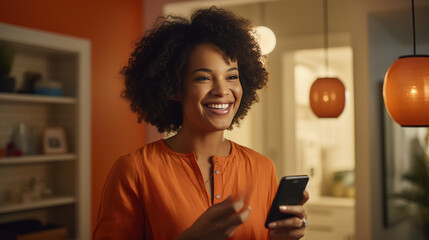 Canvas Print - Smiling woman holding er smartphone at home