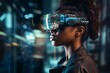 Woman wearing smart glasses futuristic technology digital remix, Blue background