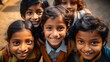 Group of happy Indian kids people standing in circle together looking up at the camera,