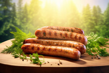 Grilled Sausages With Herbs And Spices On A Wooden Background