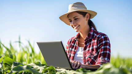 Poster - Woman in a hat working on a laptop while sitting in a cornfield