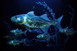 a swirling school of bioluminescent fish illuminating the darkness