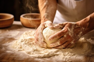 Poster - close-up shot of hands kneading dough in a bakery