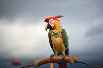 Wall Mural - parrot on a perch with a backdrop of stormy skies, beak open