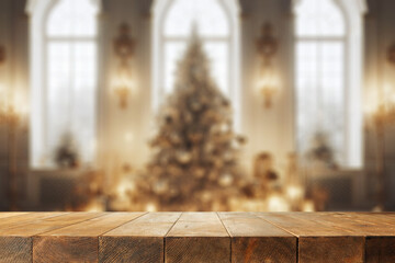 Wall Mural - Wooden desk of free space and home interior with window and christmas tree. 