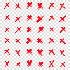 Grunge set X. Set red shapes on a isolation transparent background. X red mark vector set collection. Cross sign icon from hand brush strokes. Hand drawn doodle scribble crossed brush strokes.