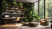 Ecological Home Office Apartment With Natural Wooden Surfaces And Green Plants.