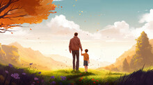Father�s Day Illustration. Beautiful Springtime Illustration With Father And Child.
