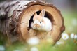dwarf rabbit tucked inside a hollow log