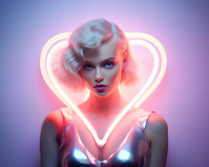 Wall Mural - Blonde model with elegant makeup framed by a heart-shaped neon illumination