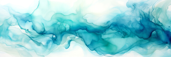 Sticker - Alcohol Ink Painting, Abstract Painting In Blue And Green Tones, Ambient Turquoise Light, Flowing Aqua Silk, Blue Mist, Flowing Silk, Dynamic Pearlescent Wallpaper. Horizontal Watercolor Painting.