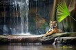 sumatran tiger resting by a serene jungle waterfall