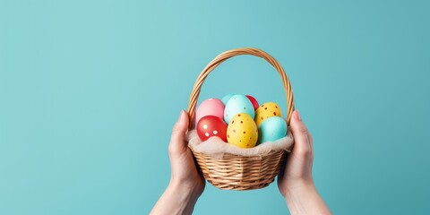 Wall Mural - Hands holding straw basket with colorful Easter eggs on blue background with copy space, Generative AI