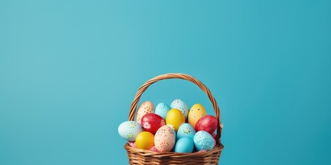 Wall Mural - Straw basket with colorful Easter eggs on blue background, Generative AI