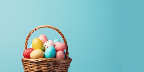 Wall Mural - Straw basket with colorful Easter eggs on blue background, Generative AI