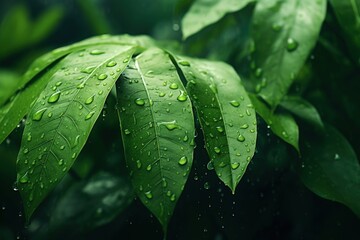 Green leaves of plants with rainwater drops, Generative AI