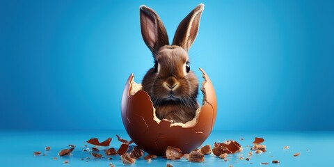 Wall Mural - Rabbit inside an Easter egg, rabbit breaking a chocolate egg, Generative AI