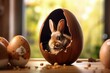 Rabbit inside a chocolate egg on a wooden table, Easter egg and bunny, Generative AI