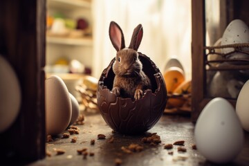 Wall Mural - Rabbit inside a chocolate egg on a wooden table, Easter egg and bunny, Generative AI