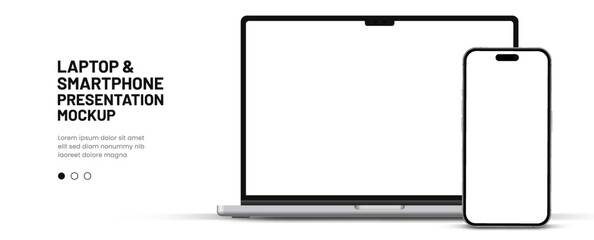 Aufkleber - Modern laptop mockup front view and smartphone mockup high quality isolated on white background. Notebook mockup and phone device mockup for ui ux app and website presentation Stock Vector.