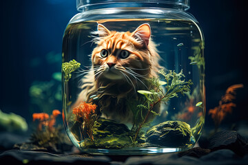 Feline aquatics, Captivating stock photo of a cat underwater in an aquarium, blending curiosity and wonder in a whimsical and unique visual moment.