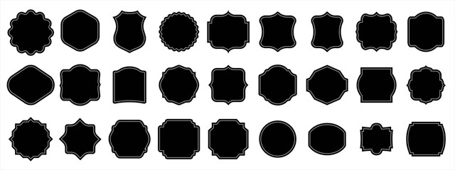 Set of black blank labels with cute white frame vector illustration isolated on white. Price tag, sale sticker, quality mark, sale or discount sticker, promotional badge set, shopping labels