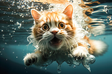 Feline aquatics, Captivating stock photo of a cat underwater in an aquarium, blending curiosity and wonder in a whimsical and unique visual moment.