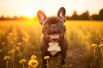 Summer bliss, French Bulldog frolics in a vibrant flower field, a charming blend of canine joy and natures beauty in this heartwarming stock photo.