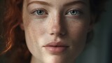 Fototapeta  - Beauty, portrait and natural face of woman with healthy freckle skin texture touch. Aesthetic, facial and skincare cosmetic model girl touching cheeks for self love and wellness, generative ai