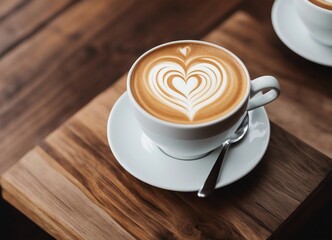 Wall Mural - Close up white coffee cup with heart shape latte art on wood tab

