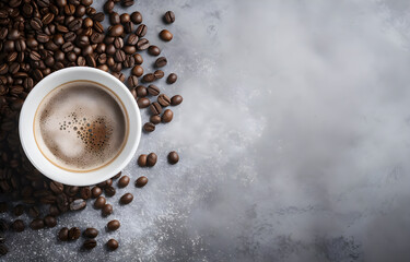 Wall Mural - coffee cup and coffee beans on grey snowy background top view