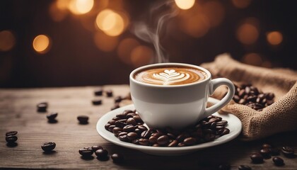 Wall Mural - Espresso Coffee Cup With Beans On Vintage Table, there's a sack with coffee beans on the side

