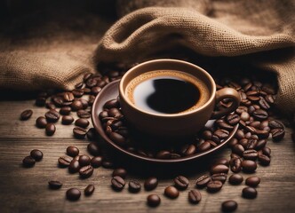 Wall Mural - Espresso Coffee Cup With Beans On Vintage Table, there's a sack with coffee beans on the side

