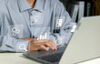 © Ei - document management system concept, Businessman working on laptop with virtual screen. Process automation to efficiently manage files. Online documentation database.