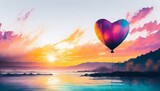 Fototapeta Fototapeta z niebem - Kolorowy balon unoszący się nad wodą na tle nieba i zachodzącego słońca. Motyw miłości, walentynek