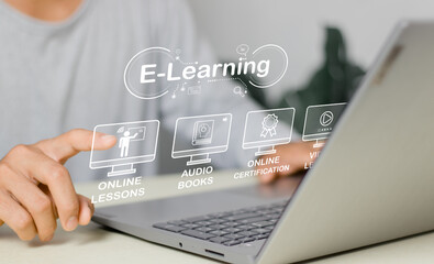 Wall Mural - e-learning education, internet lessons and online webinar. person who attends online lessons on a di