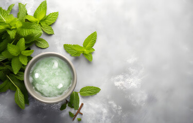 Wall Mural - green coffee cup, mint herb, cinamon, vanilla on grey snowy background top view