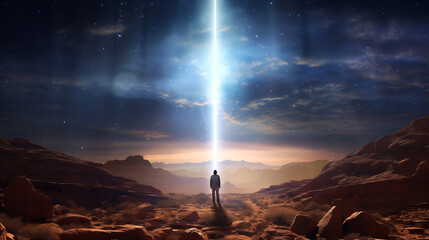Wall Mural - Man standing in the middle of the desert and looking at the Heavens in the sky. Bright light in dark sky.