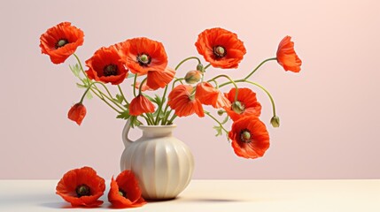 Poster -  a white vase filled with red flowers sitting on top of a white table next to a pink wall and a pink wall behind the vase is a white vase with red flowers.