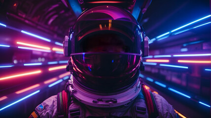 Wall Mural - portrait of astronaut or spaceman with neon light.