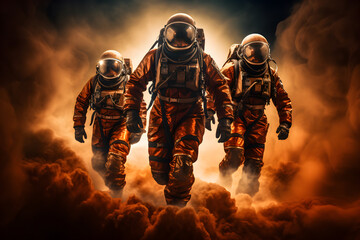 Wall Mural - adventure of three spacemen or astronauts on mars.