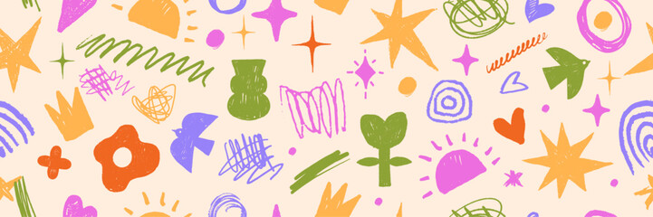 Children doodle seamless pattern, vector cute childish background print, kids funny naive texture. Cartoon hand drawn scribble shapes, flowers, stars freehand squiggle. Wax crayon children doodle
