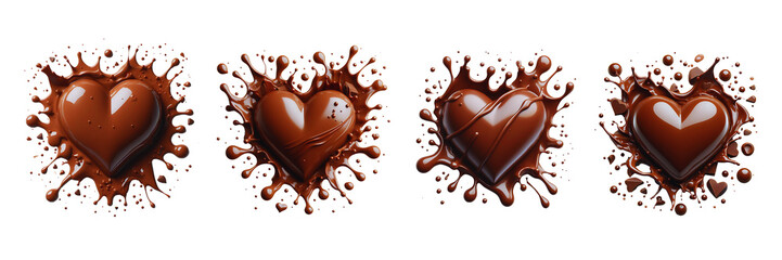 Wall Mural - Set of Flat Lay of Liquid chocolate heart with drips and splashes, Valentine's day, isolated over on transparent background(2)