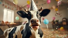 Happy Cute Animal Friendly Cow Wearing A Party Hat Celebrating At A Fancy Newyear Or Birthday Party Festive Celebration Greeting With Bokeh Light And Paper Shoot Confetti Surround Happy Lifestyle