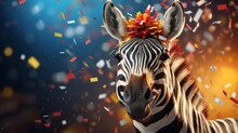 Happy Cute Animal Friendly Zebra Wearing A Party Hat Celebrating At A Fancy Newyear Or Birthday Party Festive Celebration Greeting With Bokeh Light And Paper Shoot Confetti Surround Happy Lifestyle